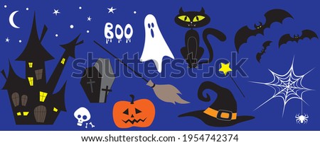 Halloween set collection elements on blue background for greetings. Spider, bats, cat, wizard hat, moon, castle, cemetery, pumpkin isolated icons. Vector illustration.