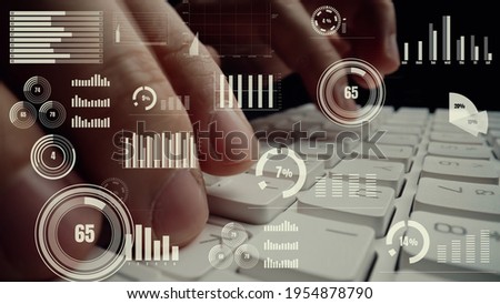 Creative visual of business big data and finance analysis on computer showing concept of statistical investment decision making methodology, fintech and financial engineering .