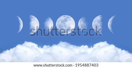 Phases of the Moon with the nice seascape : Waxing Crescent, Waxing Gibbous, Waning Gibbous, and Waning Crescent. Background blue sky with cumulus clouds. The pictures taken from own camera.