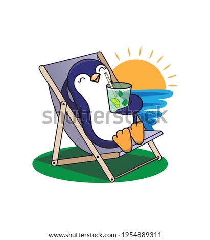 The vector illustration of animal for summer time designs. The cartoonish penguin sunbathes on the beach near the sun and drinks a cocktail