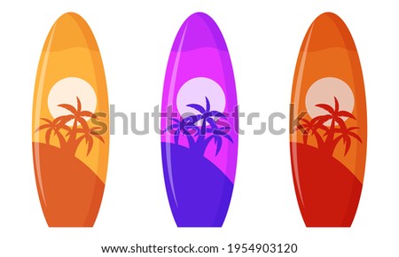 Set of vector surfboard with palm tree design