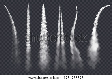 Rocket smoke or jet airplane vector trails isolated on transparent background. 3d realistic white clouds and contrails of plane or spaceship, aircraft and spacecraft condensation trails design Royalty-Free Stock Photo #1954938595