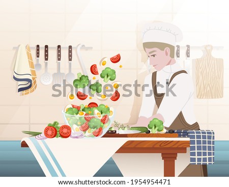 Chef cooking behind kitchen table with glass bowl and ingredients preparing salad cartoon character design vector illustration on ceramic tile background