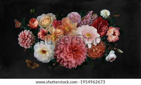 Luxurious baroque and victorian bouquet. Beautiful garden flowers, leaves and butterfly on black background. Pink and white peonies, roses. Vintage illustration. Floral decoration advertising material Royalty-Free Stock Photo #1954962673