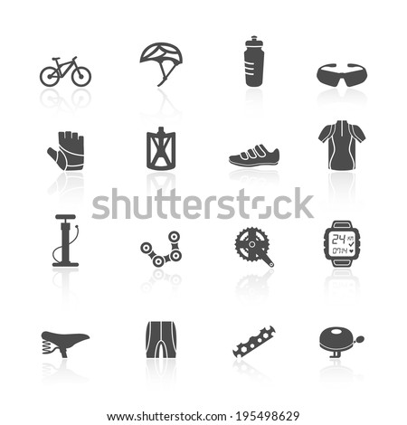 Bicycle bike sport fitness flat icons set with water bottle helmet clothes isolated vector illustration