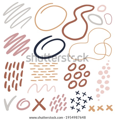 Hand drawn graphic decorative elements. Bullet journal web visual infographic sketch lines frames shapes circles dots points colorful isolated vector object set.