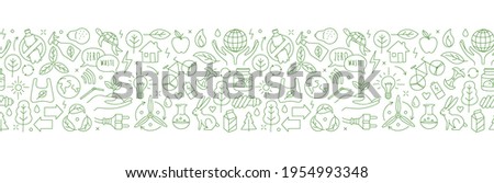 No plastic, go green, Zero waste concepts. Reduce, reuse, refuse, Reycle, Rot ecological lifestyle and sustainable development. Linear icons style illustration seamless pattern border doodle drawing. Royalty-Free Stock Photo #1954993348
