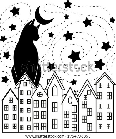 Fantasy illustration, European houses, big cat-night holds the moon,around the stars.Clipart,design element.
