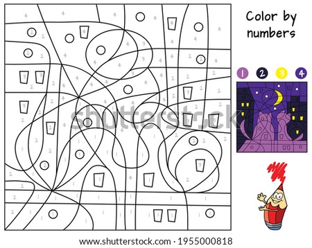 A couple of cats sitting on the roof. Color by numbers. Coloring book. Educational puzzle game for children. Cartoon vector illustration