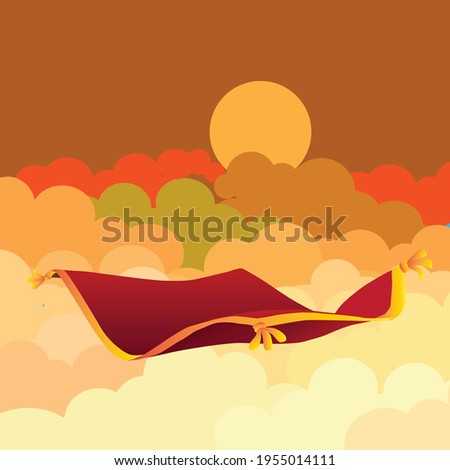 Flying carpet and orange clouds, vector illustration