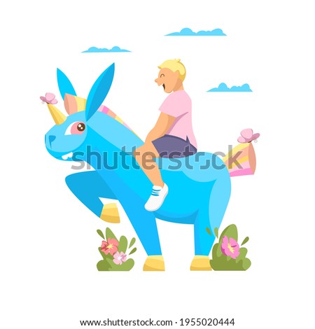 a boy on a unicorn. vector illustration of a child sitting on a mythical horse