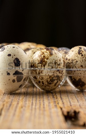 Close-up of quail eggs in transparent plastic egg cup, selective focus, on wooden table, vertical, with copy space