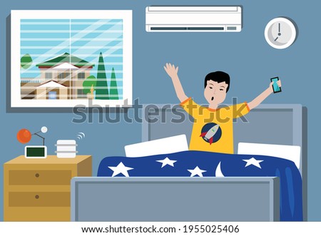 A boy holding a phone on a bed inside an airconditioned bed room. Editable clip Art.