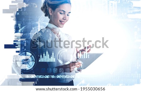 Office woman finger touch electronic tablet, stock market changes screen and business bar chart. Double exposure of skyscrapers, pie chart and graphs. Concept of technology and finance