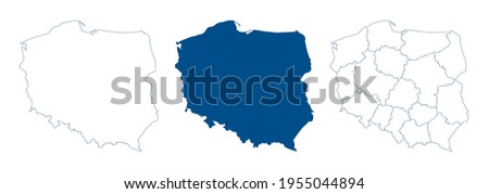 Poland map vector. High detailed vector outline, blue silhouette and administrative divisions map of Poland. All isolated on white background. Template for website, design, cover, infographics Royalty-Free Stock Photo #1955044894