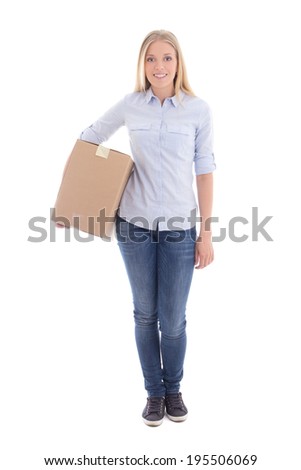 young woman holding cardboard moving box isolated on white background