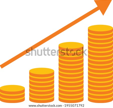 An arrow above gold coins or money showing a rise or increase in sales or stock market
