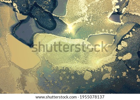Gold, turquoise and blue abstract background. Alcohol ink marble texture with glitter. Template pattern for banner, poster design. Fluid art painting