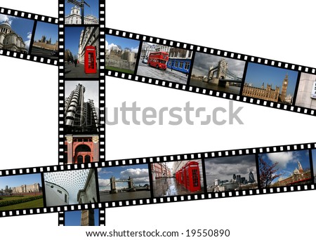 Illustration - film strips with travel photos. London in England, United Kingdom. All photos taken by me.