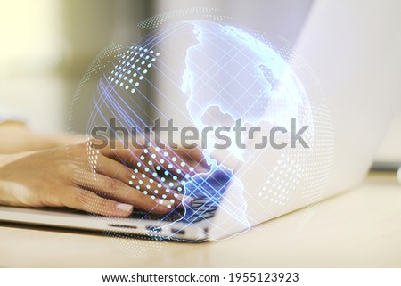 Digital America map and hands typing on computer keyboard on background, global technology concept. Multiexposure