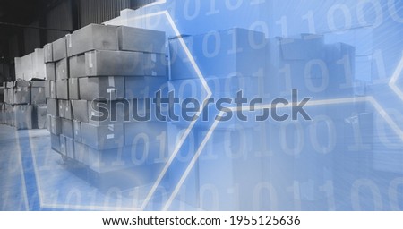 Delivery packages and computer code processing over warehouse, technology and delivery concept. digitally generated image.