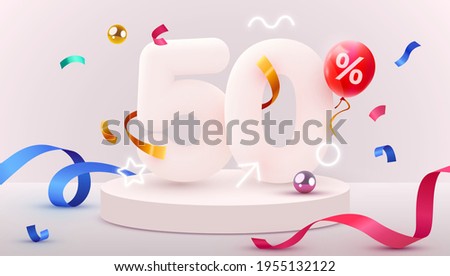 50 percent Off. Discount creative composition. 3d sale symbol with decorative objects, heart shaped balloons, golden confetti, podium and gift box. Sale banner and poster. Vector illustration.