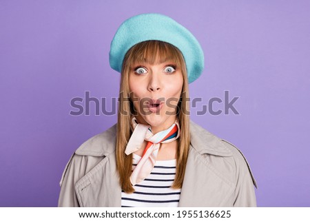 Photo of amazed shocked young woman wear autumn outfit excited sale information isolated on violet color background