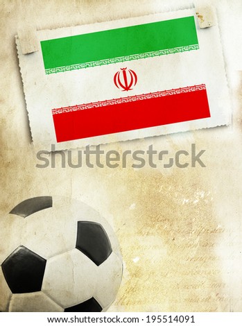 Vintage photo of Iran flag and soccer ball                              