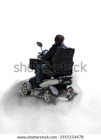 elderly man in electric wheelchair with mask and white background