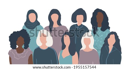 Women's community. Female solidarity. International Women's Day concept. There are women of different races in the picture. People icons. Vector illustration.