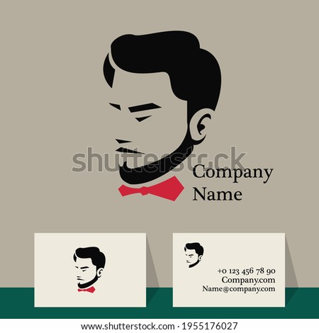 attractive man with beard and red bow tie, profile head, logo for barbershop
