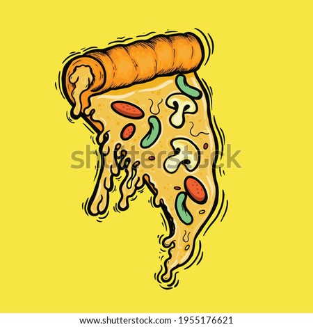cartoon pizza slices with cheese and assorted toppings. Vector Illustration.