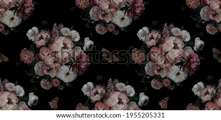 Luxurious baroque and victorian bouquet seamless pattern. Beautiful garden flowers and butterfly on black background. Pink and white peonies, roses. Floral decoration advertising material Royalty-Free Stock Photo #1955205331