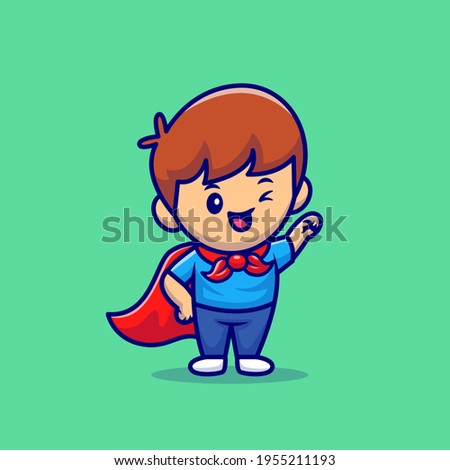Cute Boy Superhero Cartoon Vector Icon Illustration. People Fashion Icon Concept Isolated Premium Vector. Flat Cartoon Style