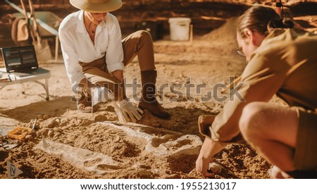 Archaeological Digging Site: Two Great Paleontologists Discovered Fossil Remains of Prehistoric Dinosaur, Clean it with Brushes. Archeologists Work on Excavation Site, Discover New Species Bones Royalty-Free Stock Photo #1955213017