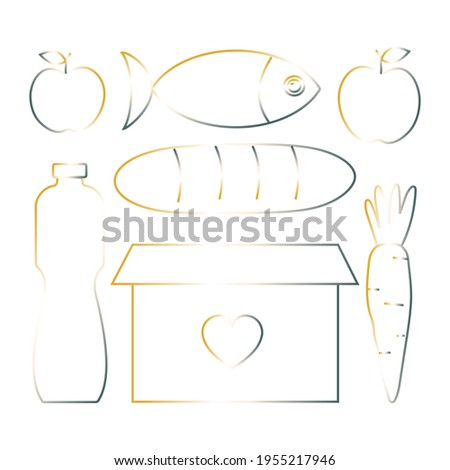 Food set and box in trendy gradient colors contour. Food donations. Charity food set: bread, milk, fruits and vegetables, fish. Humanitarian volunteer assistance. 