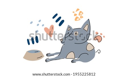 Charming cartoon dog character lying near the pet bowl; with  doodle elements isolated on white background. 
Cute hand drawn vector illustration. Childish t shirt print design.