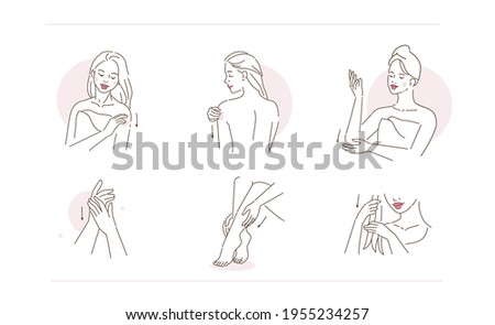 Beauty Girl Take Care of her Body, Hands, Legs and Hair. Woman Applying Beauty Treatment Products. Skin Care Routine, Hygiene and Moisturizing Concept. Flat Vector Illustration and Icons set. Royalty-Free Stock Photo #1955234257
