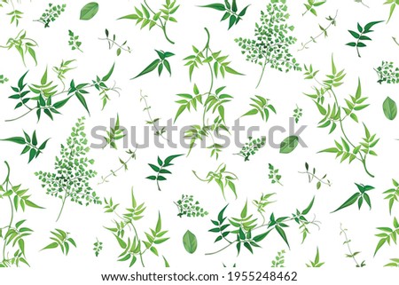 Vector watercolor style seamless greenery leaf pattern. Tropical leaves, jasmine vine, different fresh foliage. Textile fabric, wallpaper design, trendy fresh art. Natural, organic texture, background Royalty-Free Stock Photo #1955248462
