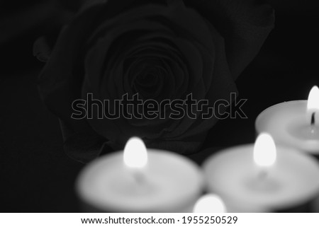Rose in black,candles,  white, obituary notice, sad occasion