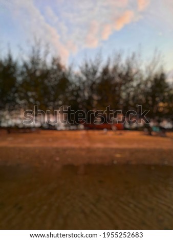 Blurry Picture of Beach Scenery with Beautiful Blue Sky, Cloudscape, Spruce Trees, Sea Water, and Sand on Warm Tone for Background