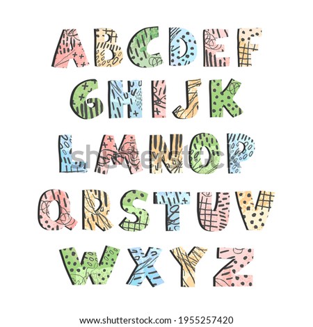 Vector cute graphic colorful alphabet for kids. Can be used as elemets for your design for greeting cards, nursery, poster, card, birthday party, packaging paper design, baby t-shirts prints
