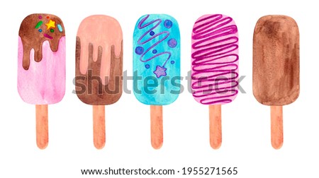 Watercolor ice cream, ice lolly and eskimo pie on a stick isolated on white set, watercolor illustration. Hand drawn bright summer clip art collection.