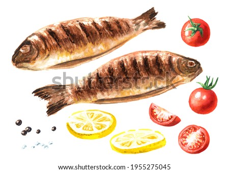 Grilled fish trout with cherry tomatoes and lemon set. Watercolor hand drawn illustration, isolated on white background