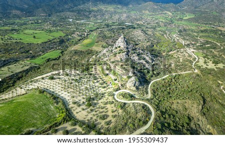 Aerial landscape with river Sirkatis valley and Kourvellos rock in Lefkara area, Cyprus