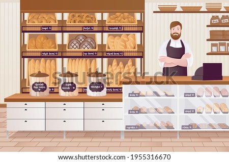 Cartoon Color Character People Man and Bakery Interior Concept. Vector Royalty-Free Stock Photo #1955316670