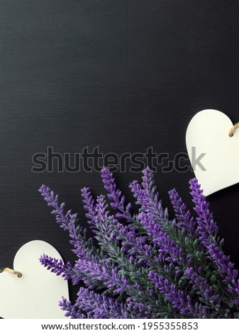 postcard with flowers, lavender with heart. happy valentine's day, mother's day. Top view, flat lay, copy space