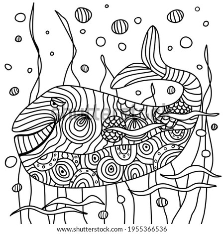 A whale with a sea bottom coloring book. Coloring book for children and adults, stylish hand-drawn illustration. Black lines on a white background. Beautiful drawings with patterns and elements. 
