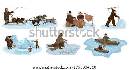 Set Eskimo isolated on white background. Different composition people, sledding, fishing, hunting, sewing, boating, igloo construction. Character design vector illustration. Royalty-Free Stock Photo #1955384518
