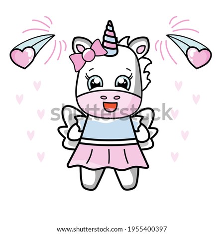 Illustration for children. Unicorn with pink blue wings with happy cute eyes on the background of many hearts. Happy unicorn poster. Icon